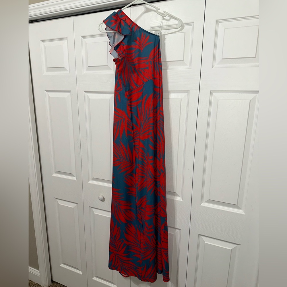 NWT Tropical Red and Teal Leaf Maxi Dress - Picture 3 of 4